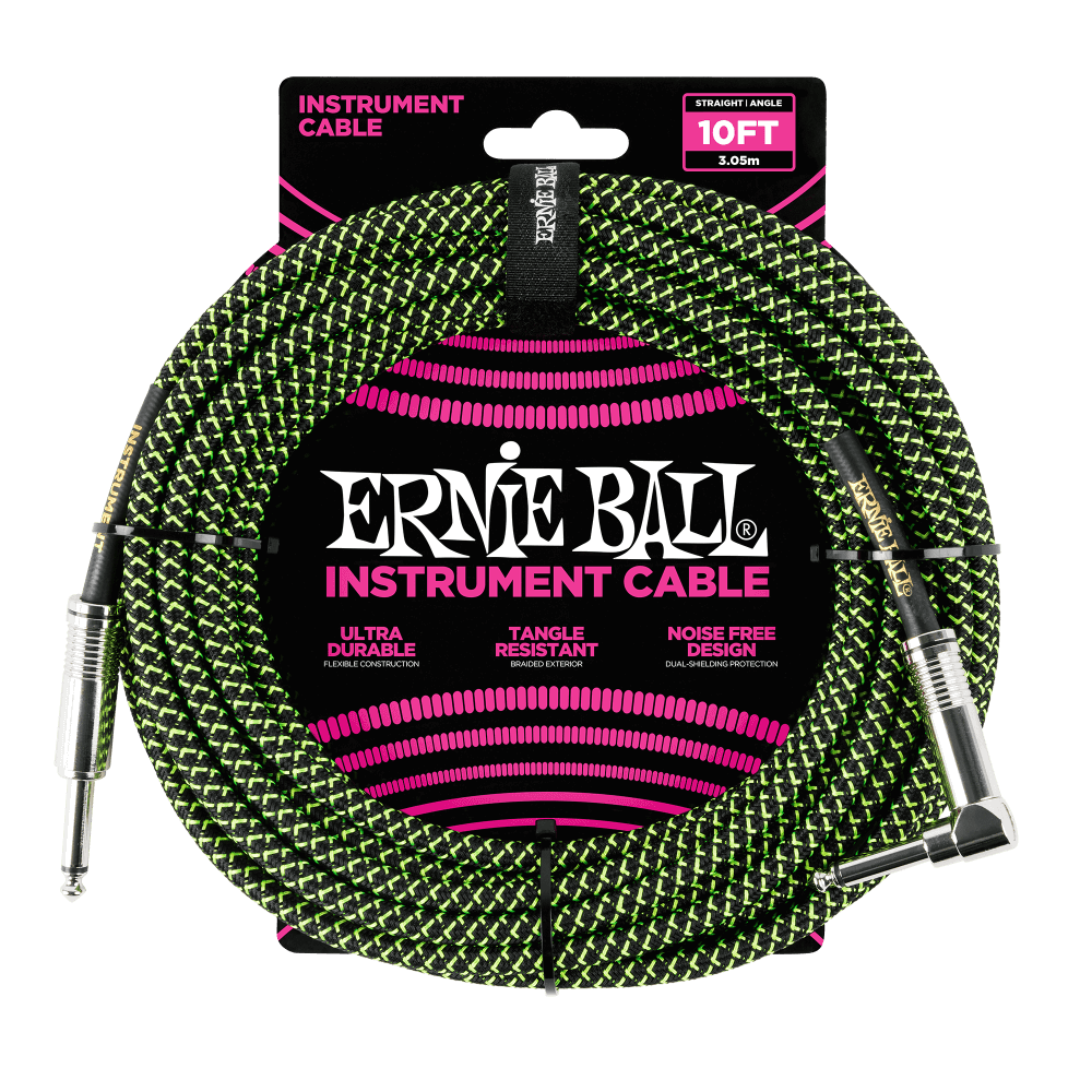 Ernie Ball 10' Straight/Angle Instrument Cable Black/Green