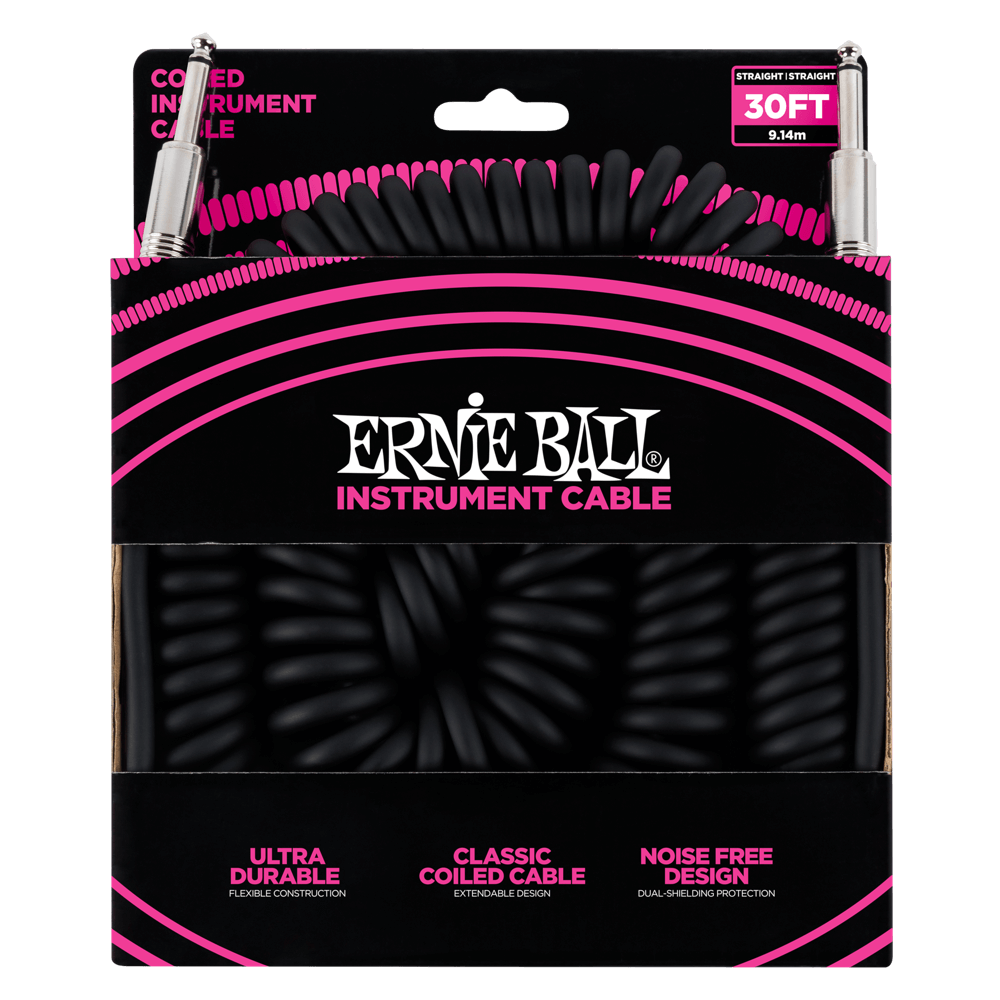 Ernie Ball 30' Coiled Straight End Instrument Cable Black
