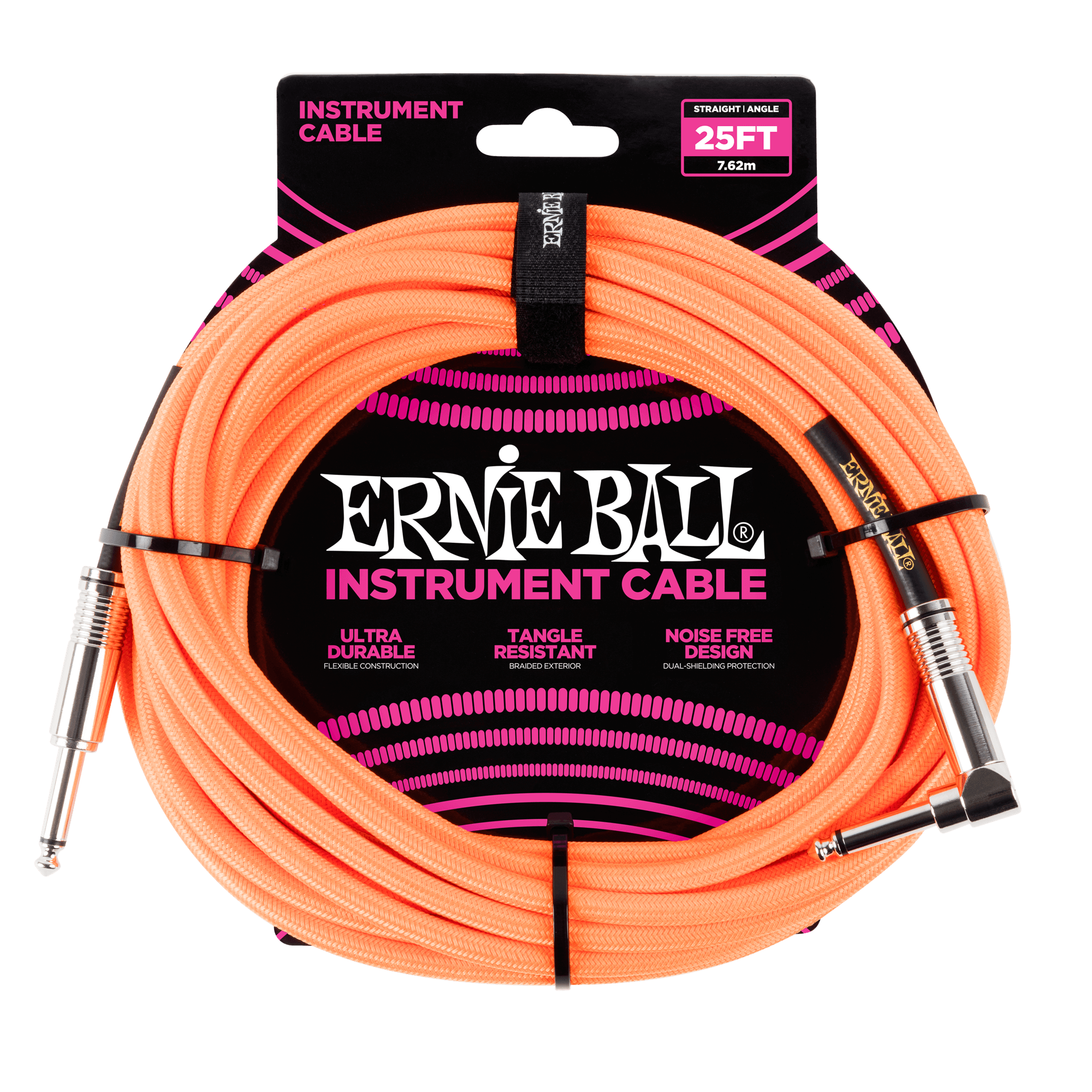 Ernie Ball 25' Braided Straight/Angle Instrument Cable Neon Orange