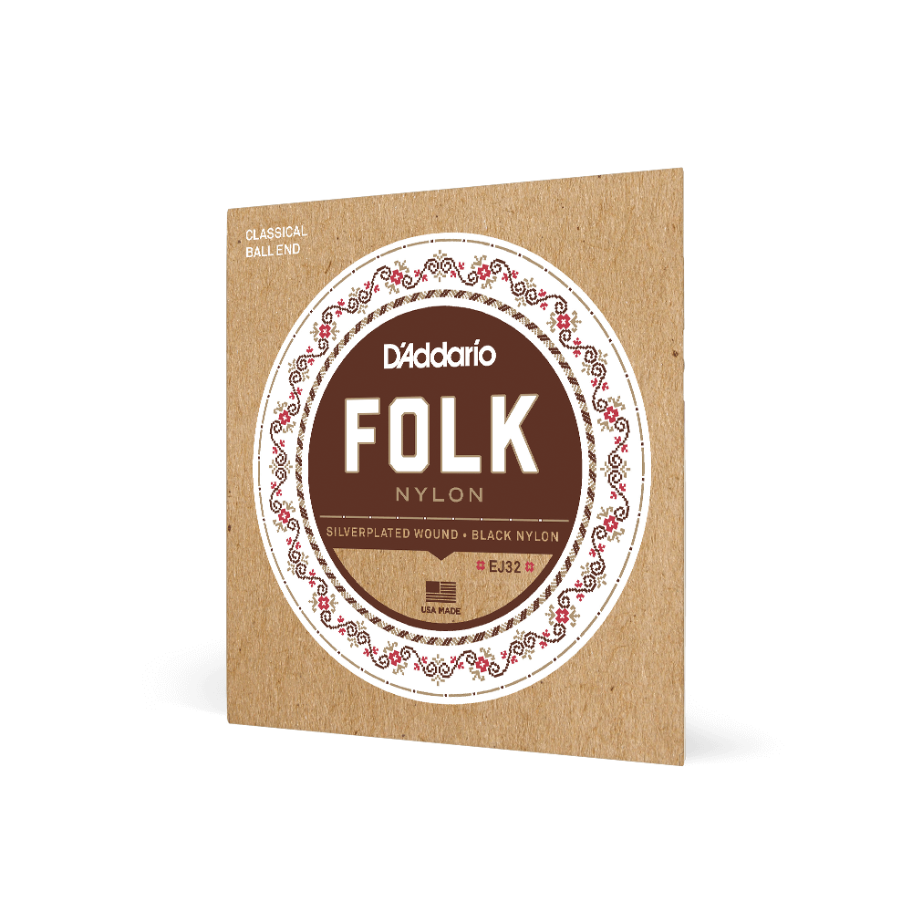D'addario EJ32 Folk Nylon, Ball End, Silver Wound/Black Nylon Trebles