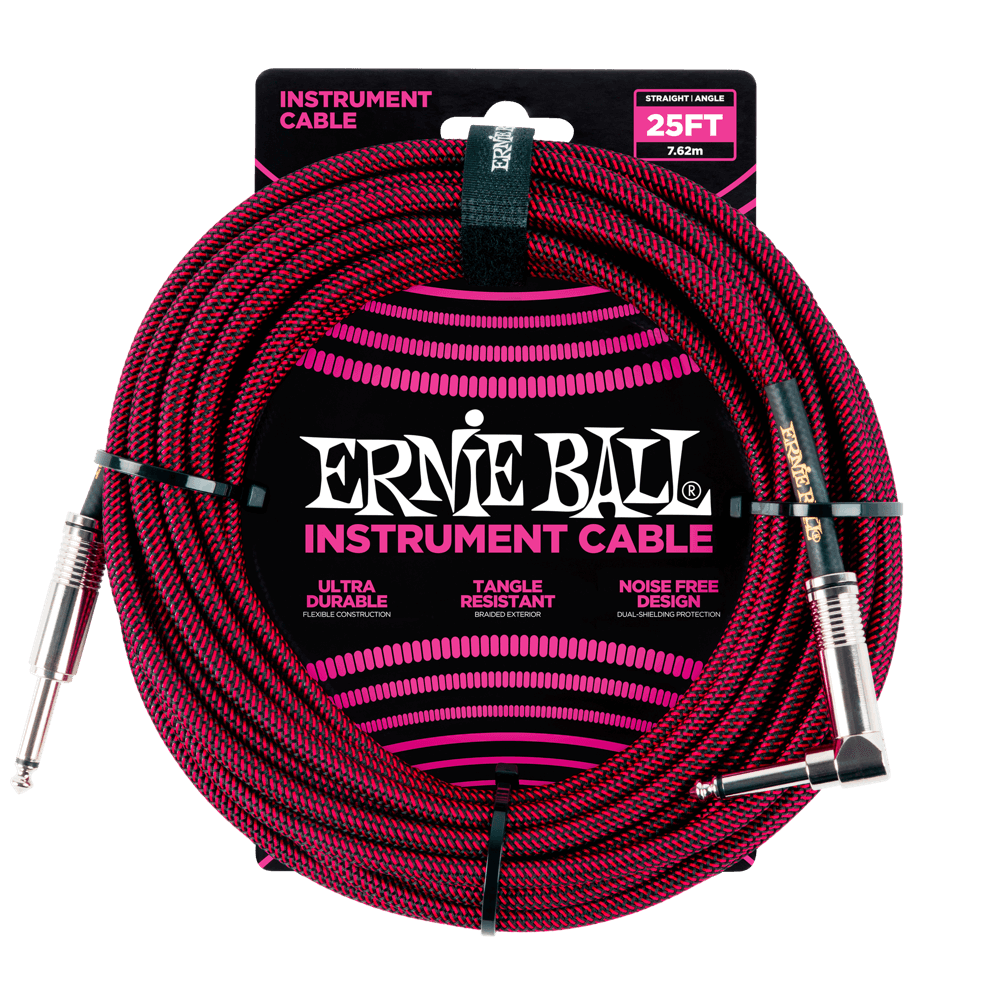 Ernie Ball 25' Braided Straight/Angle Instrument Cable Black/Red