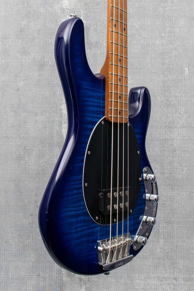 Used Sterling by Music Man StingRay RAY34 Flame Maple Neptune Blue