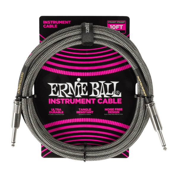 Ernie Ball P06429 Braided Instrument Cable Straight/Straight 10ft - Silver Fox