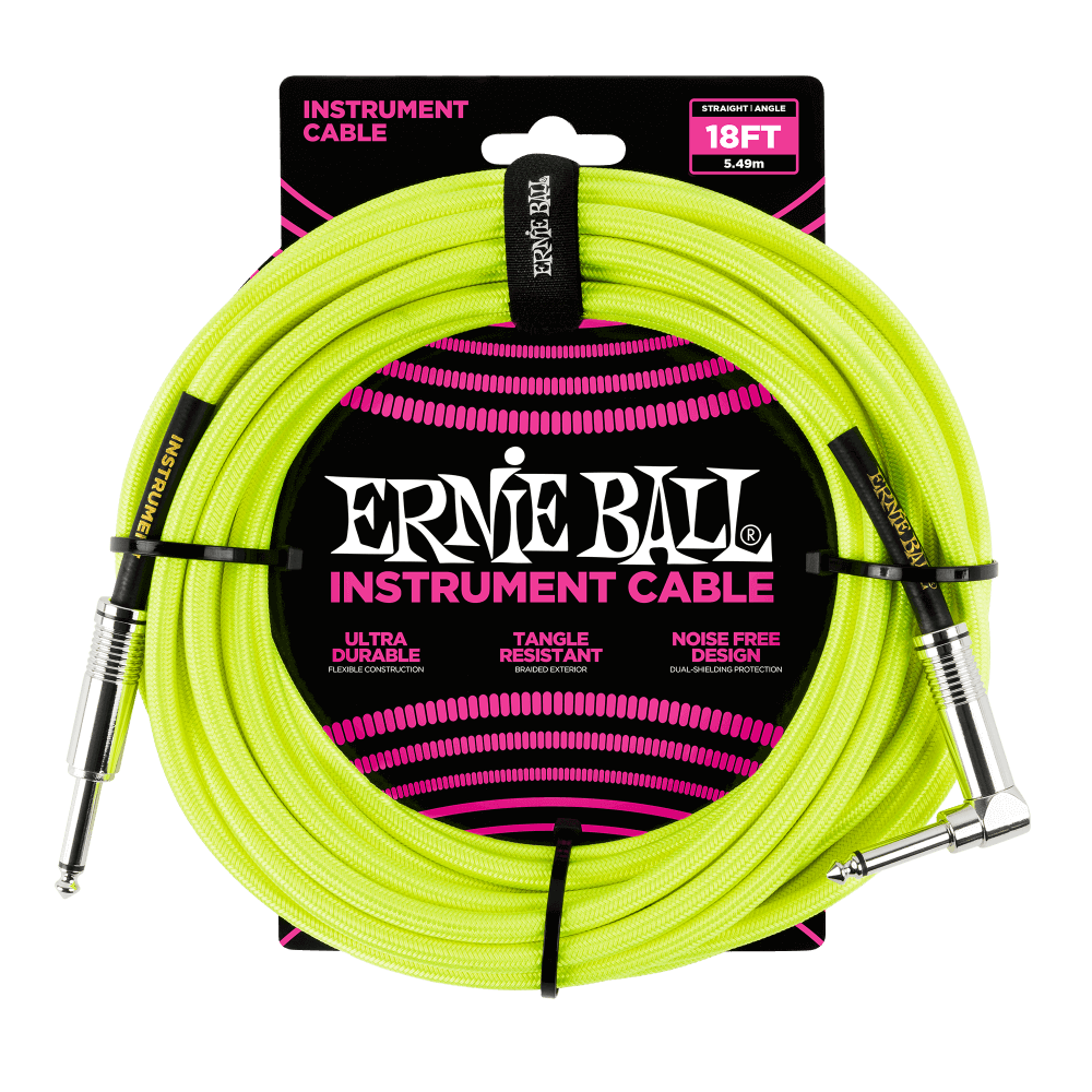 Ernie Ball 18' Braided Straight/Angle Instrument Cable Neon Yellow