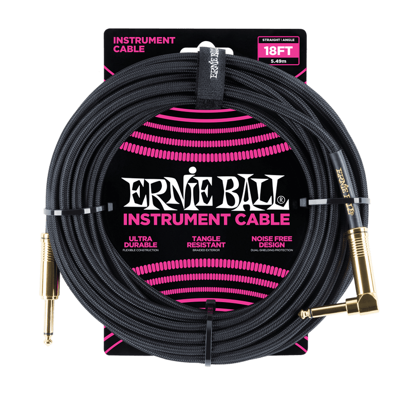 Ernie Ball 18' Braided Straight/Angle Instrument Cable Black