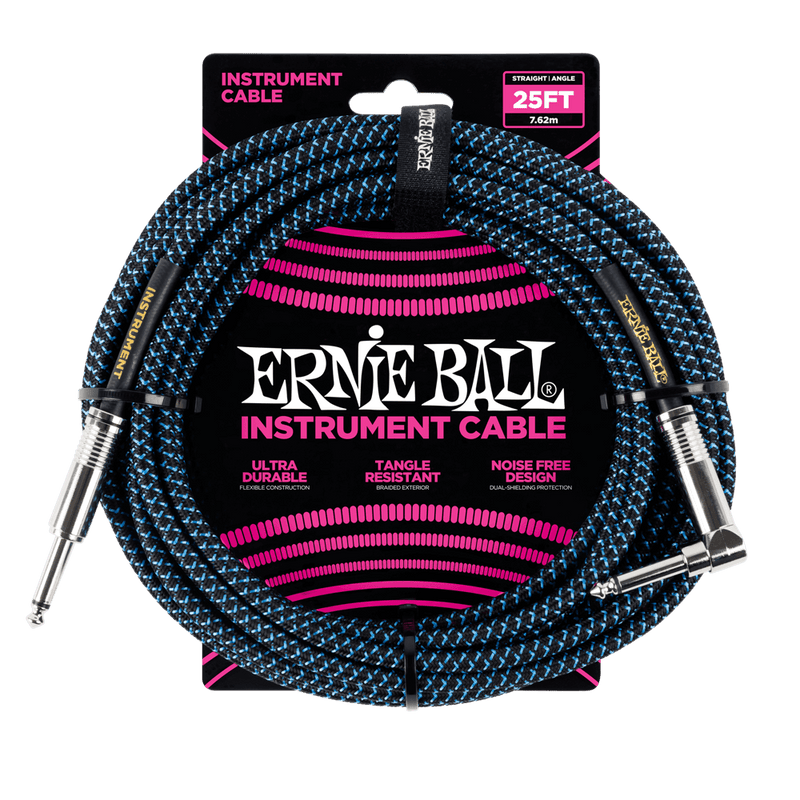 Ernie Ball 25' Braided Straight/Angle Instrument Cable Black/Blue