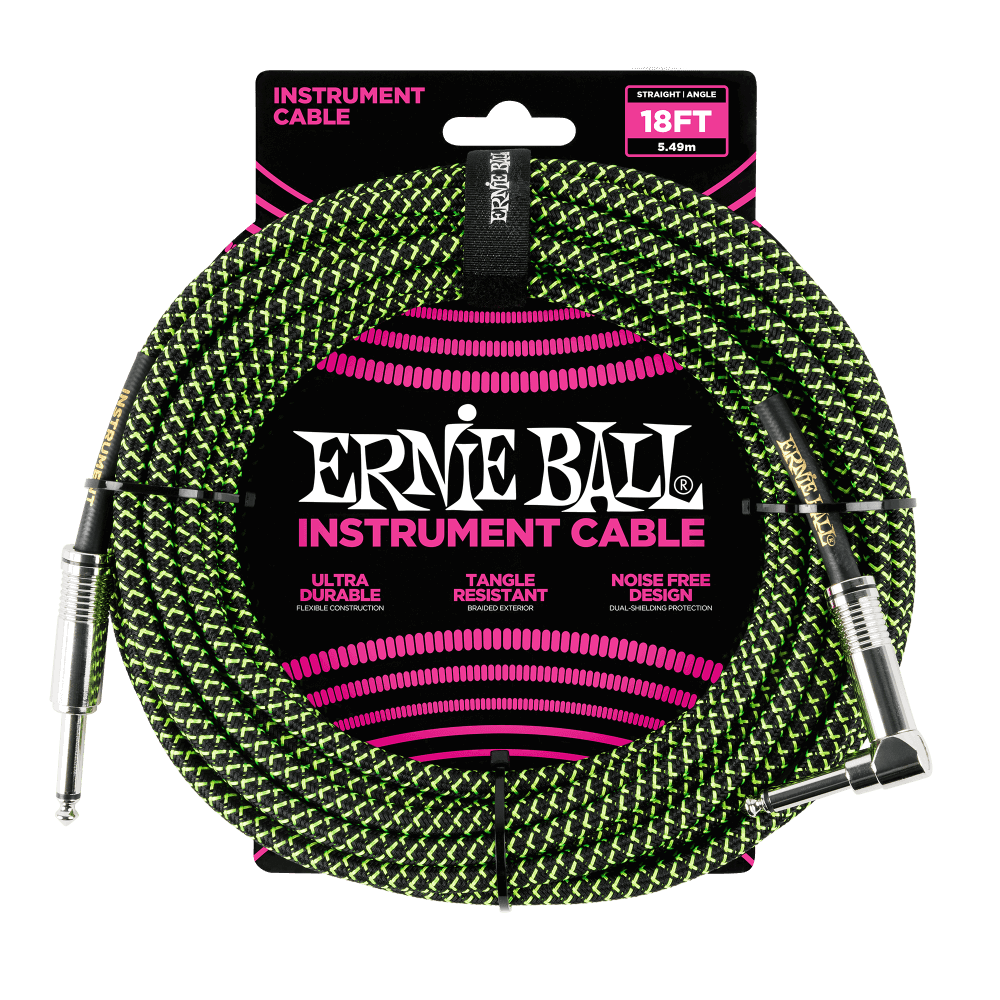 Ernie Ball 18' Braided Straight/Angle Instrument Cable Black/Green