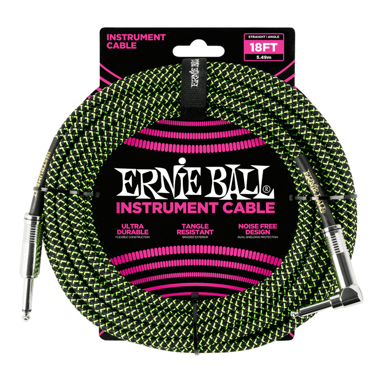 Ernie Ball 18' Braided Straight/Angle Instrument Cable Black/Green