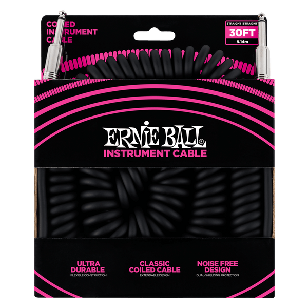 Ernie Ball 30' Coiled Straight End Instrument Cable Black