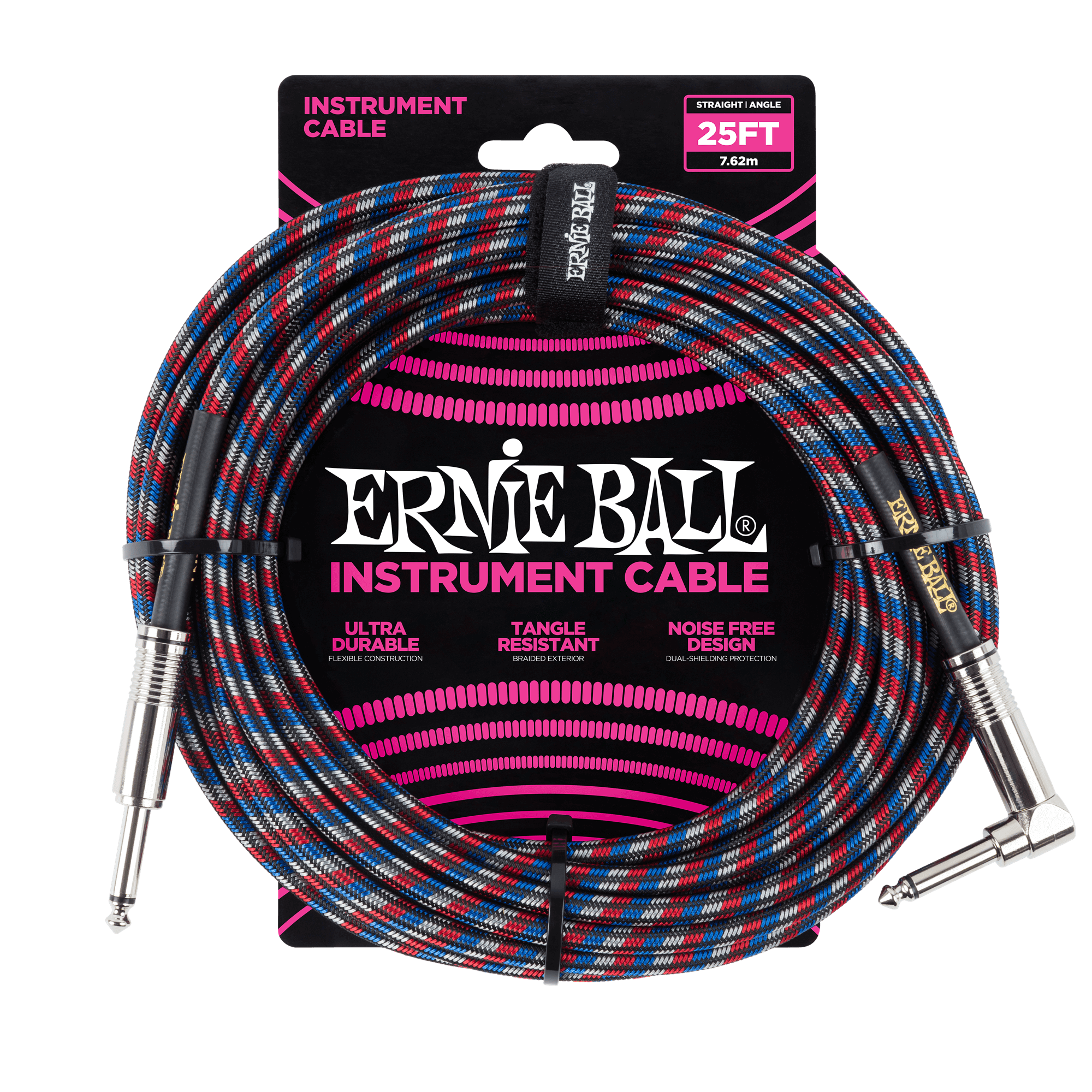 Ernie Ball 25' Braided Straight/Angle Instrument Cable Black/Red/Blue/White