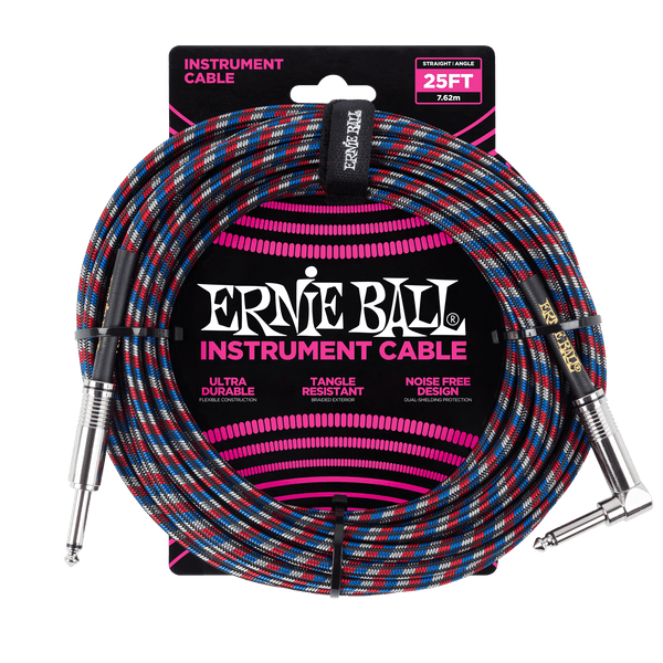 Ernie Ball 25' Braided Straight/Angle Instrument Cable Black/Red/Blue/White