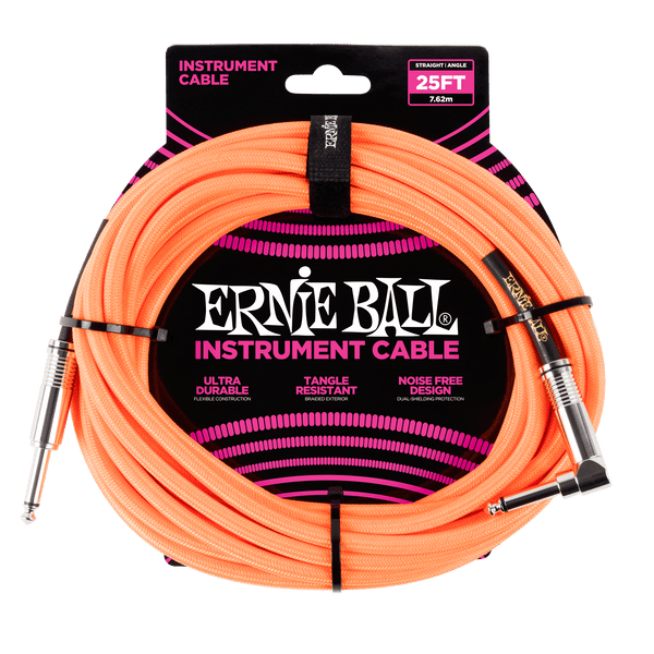 Ernie Ball 25' Braided Straight/Angle Instrument Cable Neon Orange