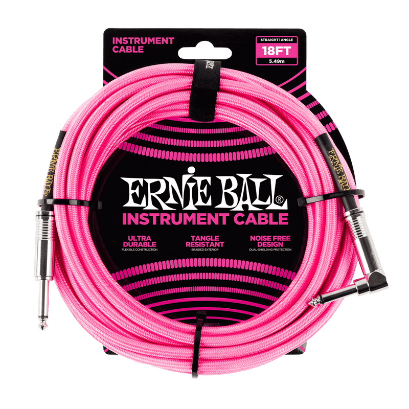 Ernie Ball 18' Braided Straight/Angle Instrument Cable Neon Pink