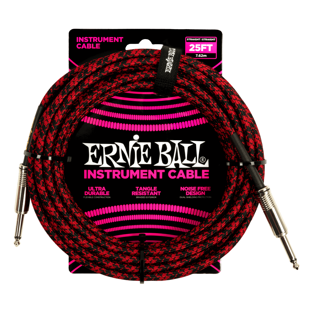 Ernie Ball 25' Braided Straight/Straight Instrument Cable Black/Red