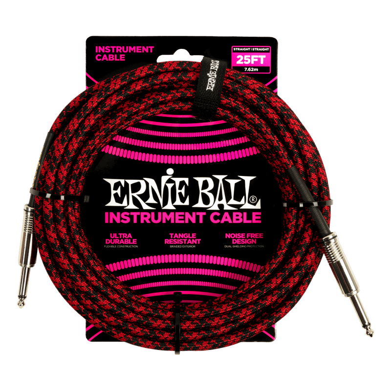 Ernie Ball 25' Braided Straight/Straight Instrument Cable Black/Red