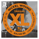 D'Addario EXL140-3D Nickel Wound Electric Guitar Strings, Light Top/Heavy Bottom, 10-52, 3 sets
