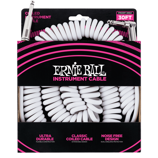 Ernie Ball 30' Coiled Straight End Instrument Cable White