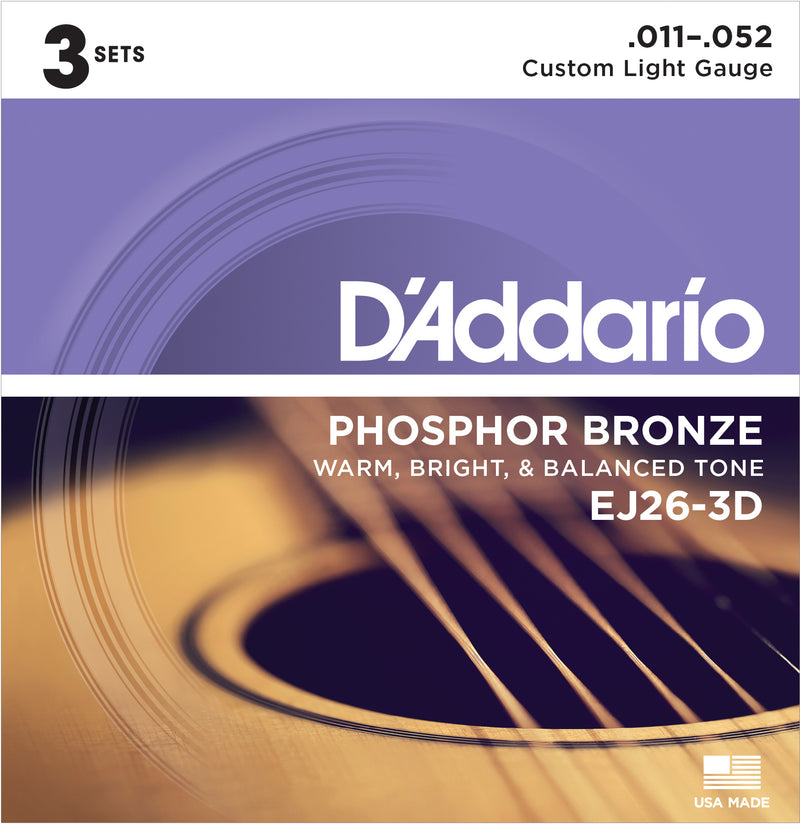 D'Addario EJ26-3D Custom Light Phosphor Bronze Acoustic Strings 3 Pack