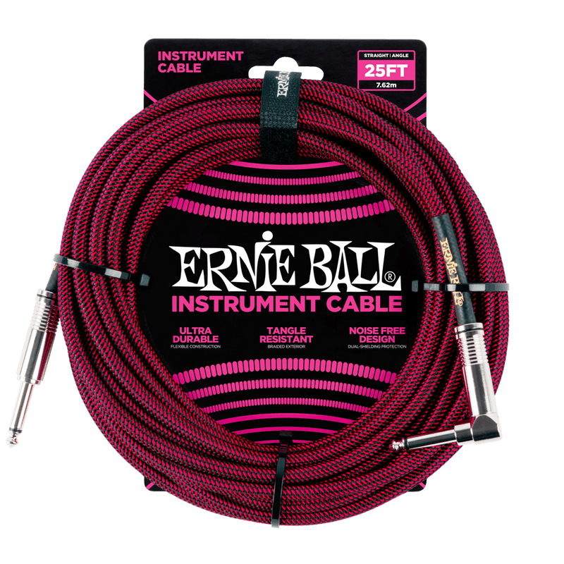 Ernie Ball 25' Braided Straight/Angle Instrument Cable Black/Red